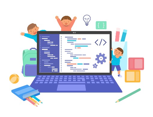 Desenhos de crianças em volta de um notebook estudando programação